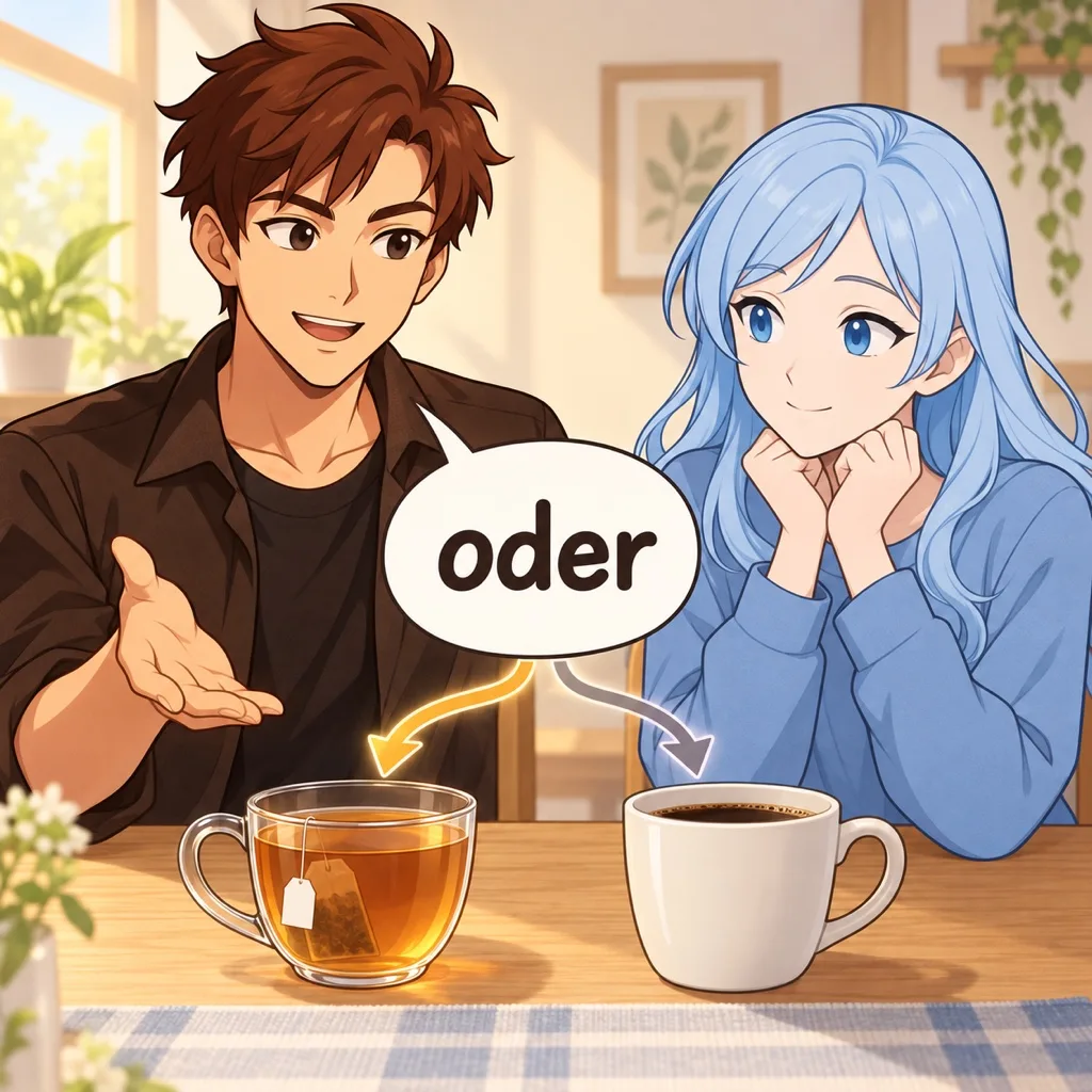 Trinkst du Tee oder Kaffee am Morgen? — 아침에 차를 마실래요, 아니면 커피요?